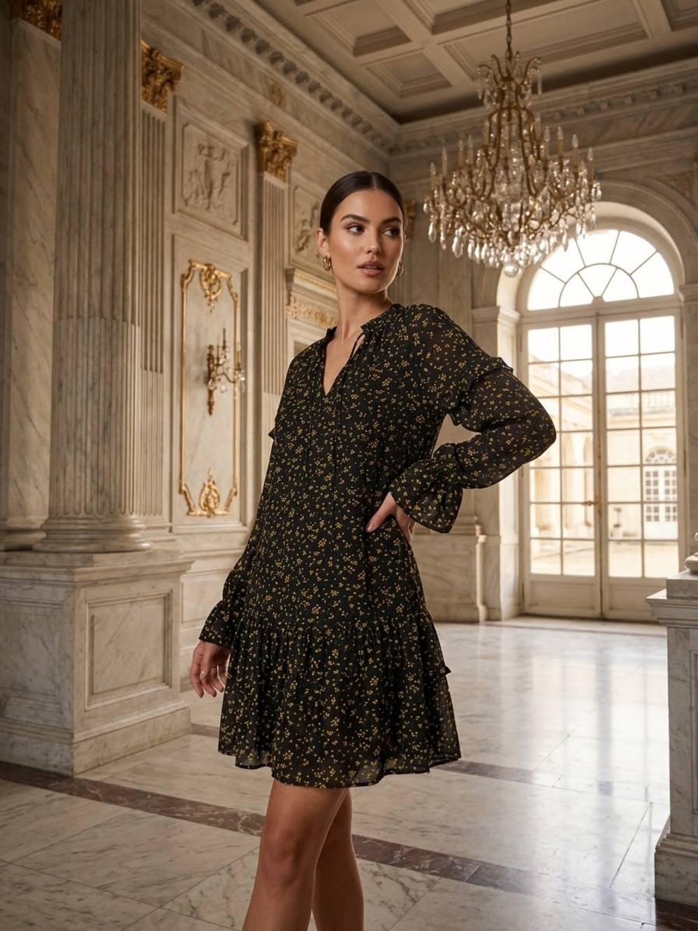 Lush Black Mini Dress with Yellow Floral Print